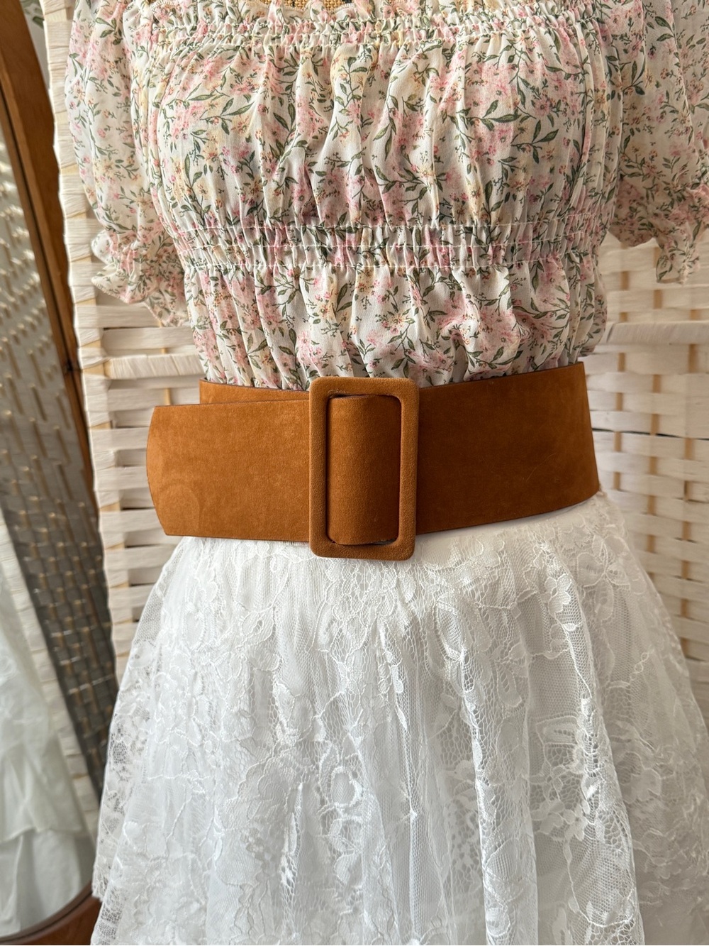 Wide Tan Faux Suede Waist Belt with Buckle